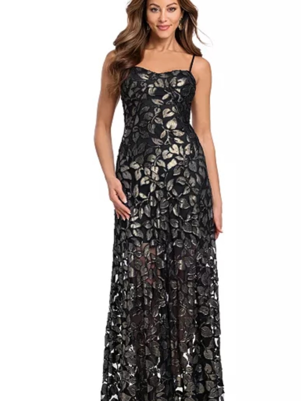 Betsy & Adam Black Maxi Dress with Gold Leaf Appliqué